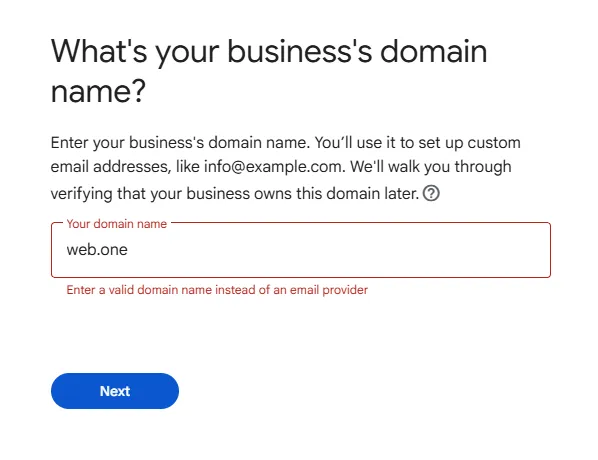 Google Workspace domain error "Enter a valid domain name instead of an email provider"